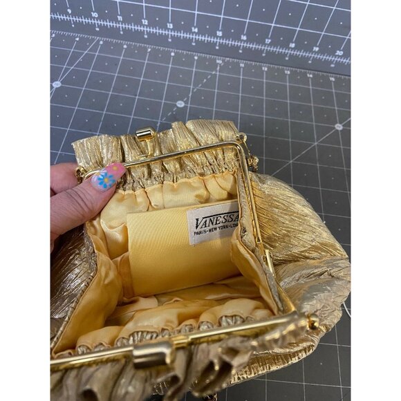 Vintage Vanessa Gold Pouch Clutch With Shoulder Strap Satin Lining Metallic - Picture 3 of 4